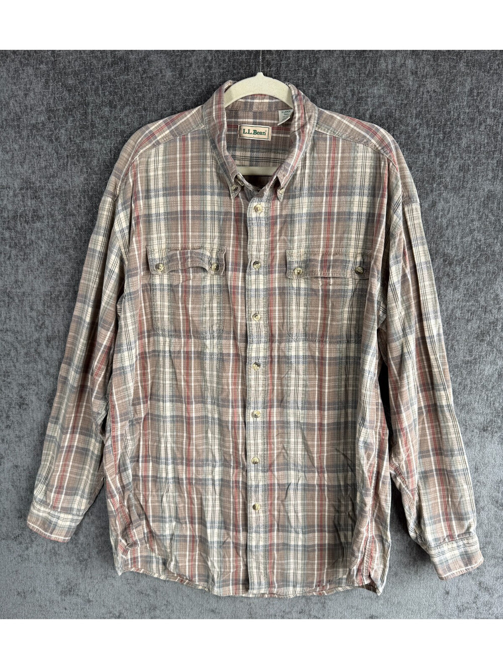 Vintage LL Bean Mens XL Tall Plaid Flannel Button Up Shirt Beige Red Cotton